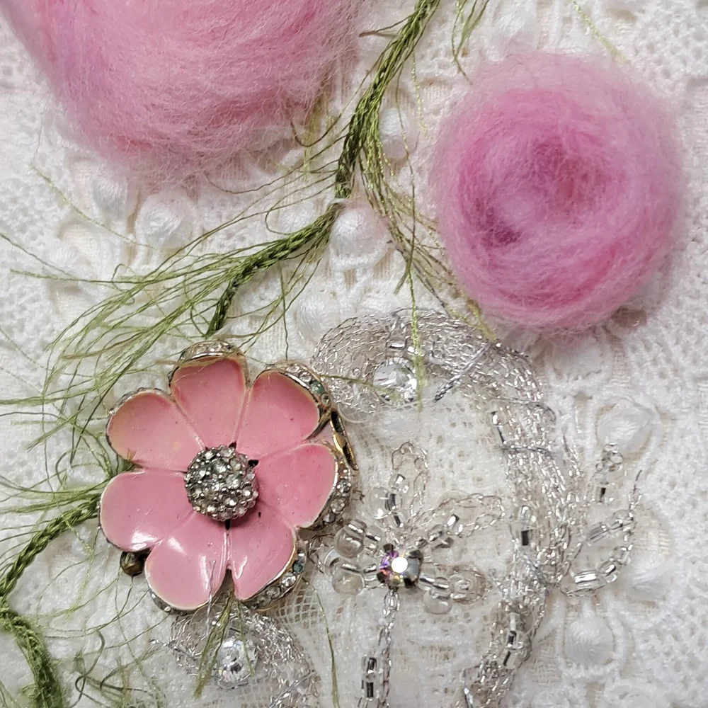 Whispers in Pink Hand-Embellished Lace Fiber Wall Art · OOAK · 11” x 3.5”